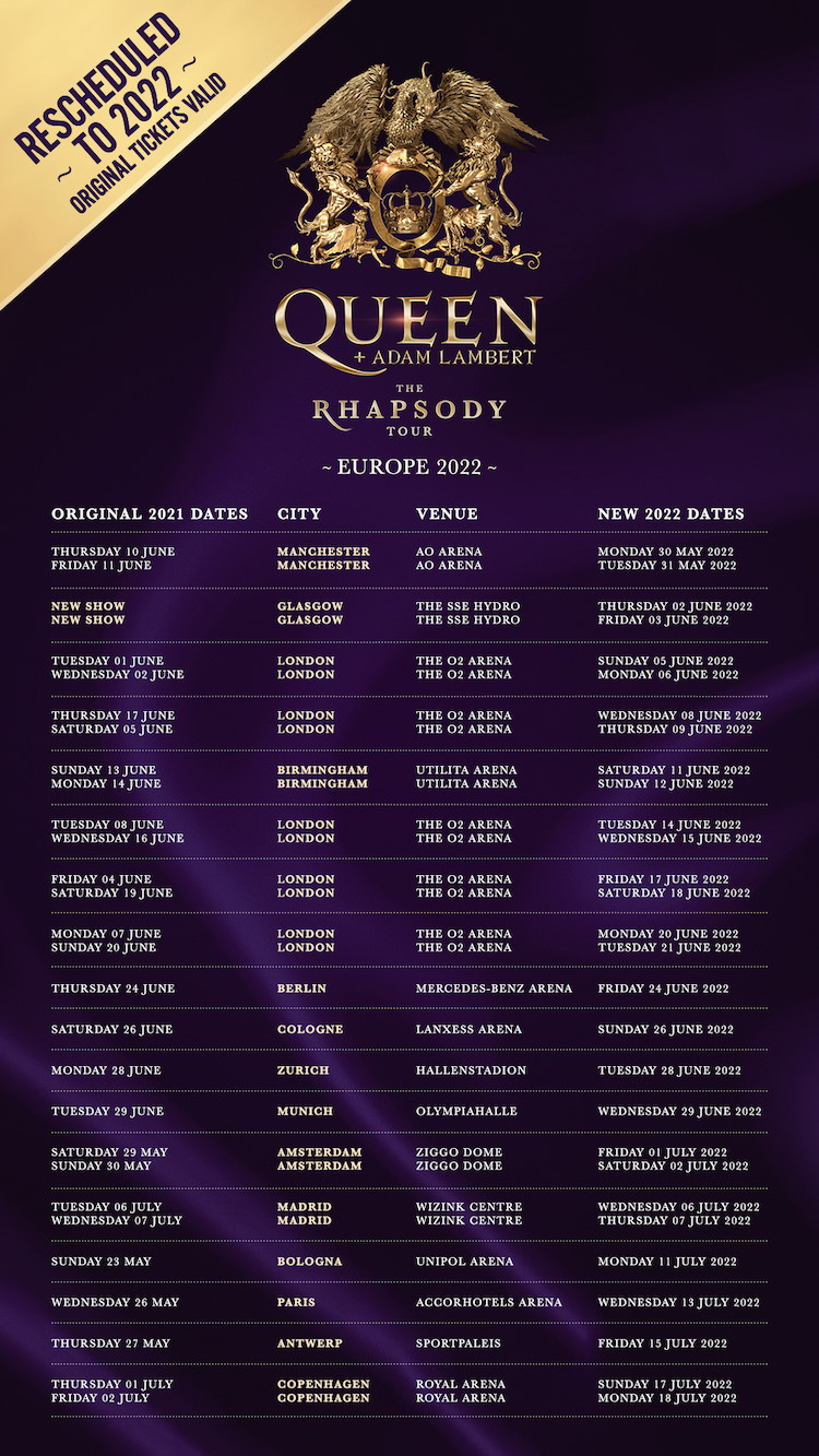 Queen + Adam Lambert Europatour auf 2022 verschoben